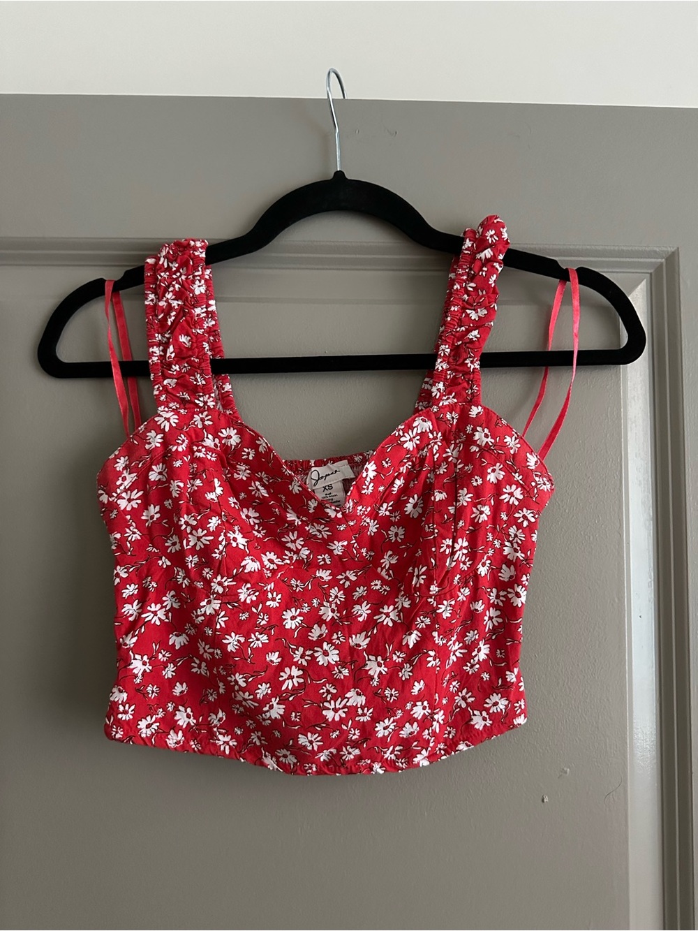 Red Floral Cropped Tank Top with Smocked Straps - Women's